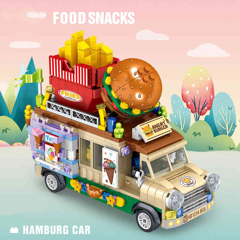 

QUNLONG Friends For Girl Food Truck Ice Shop Hamburger Store City Street View Building Blocks Bricks Mini Friends Car Toys X0503
