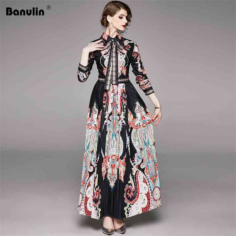 

Banulin Runway Maxi Dress Womne Spring Autumn Long Sleeve Vintage Print High Waist A-Line Bing Swing Pleated 210603, Design and color