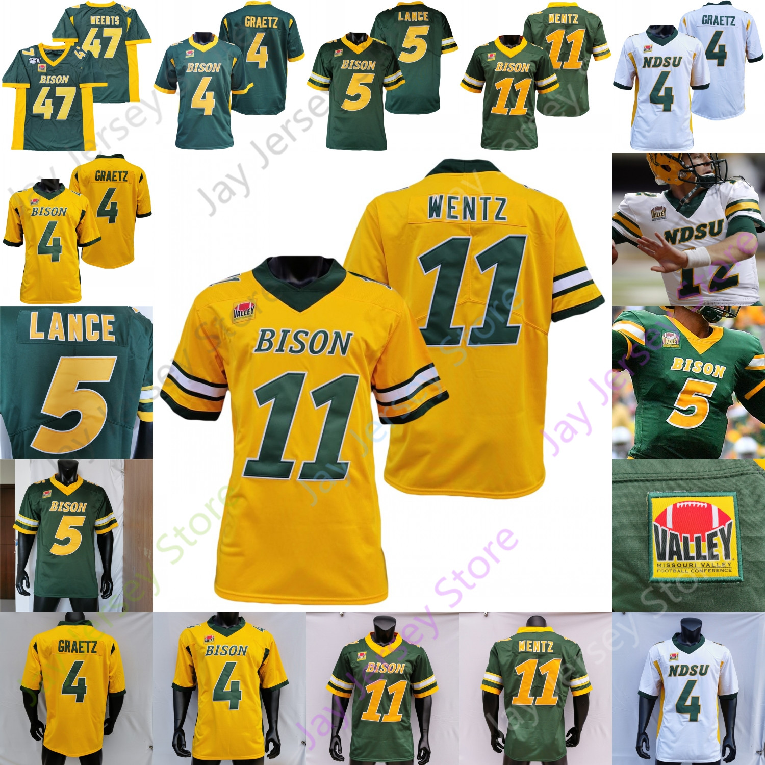 

NDSU North Dakota State Bison Football Jersey NCAA College Carson Wentz Trey Lance Ty Brooks Adam Cofield Christian Watson Sproles Tuszka, Green