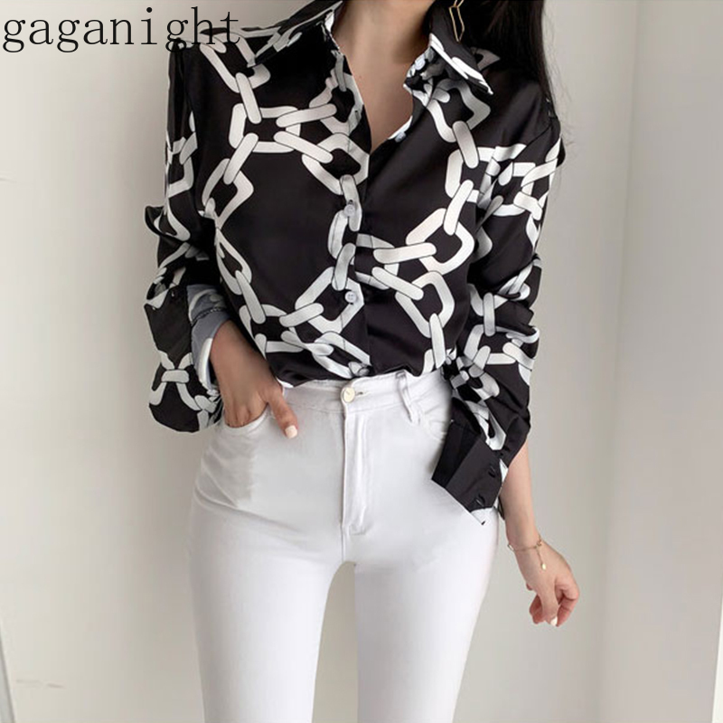 

Gaganight Vintage Chain Pattern Chiffon Blouse Women Long Sleeve Turn Down Collar Chic Shirt Office Ladies Loose Blusas Korean 210519, Black