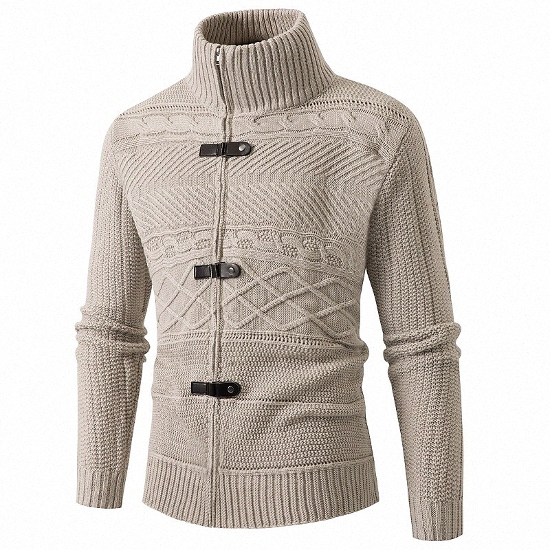 Men's Cardigan Solid Color Long Sleeve Sweater Cardigans Turtleneck Winter Khaki Black Brown 92fA#