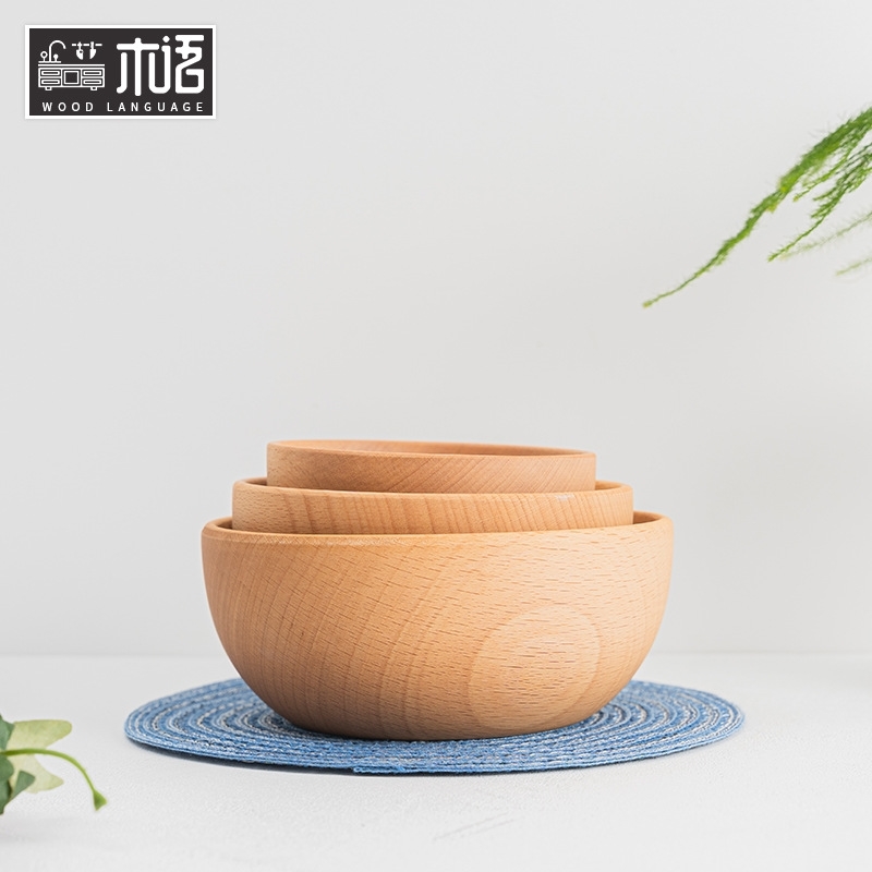 

Japanese simple beech round salad household instant noodles wooden rice bowl
