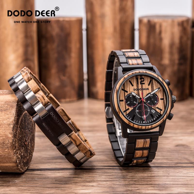 

Wristwatches Montre Homme DODO DEER Men's Wooden Wristwatch Stainless Steel Bracelet Chronograph Calendar Business Watch Gift C04, C04-3-s01