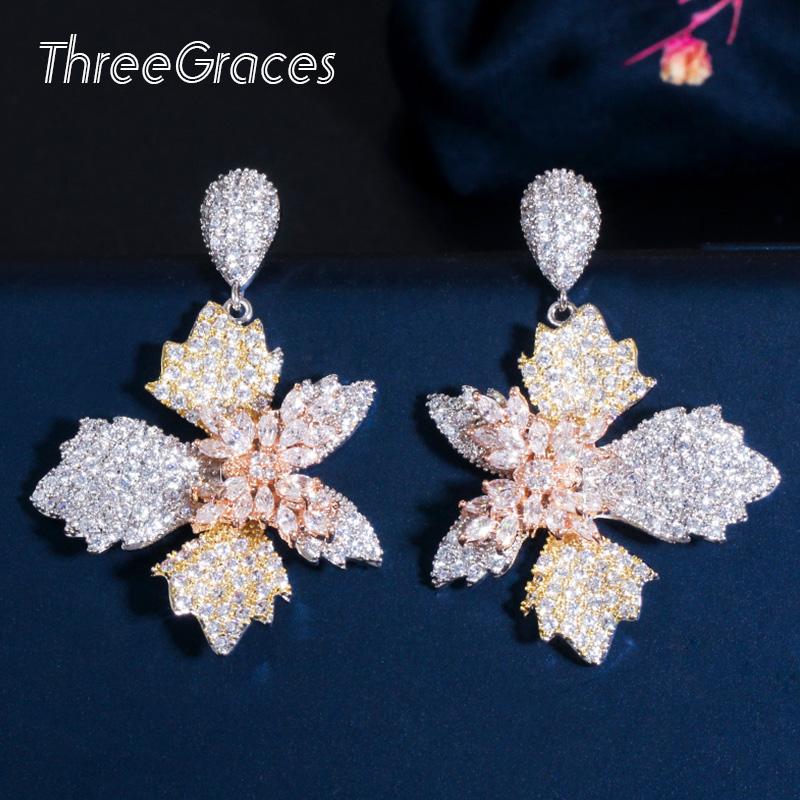 

Dangle & Chandelier ThreeGraces Summer 3 Tone Gold Silver Color Flower Leaf Cubic Zirconia Big Drop Earring Wedding Party Jewelry ER442