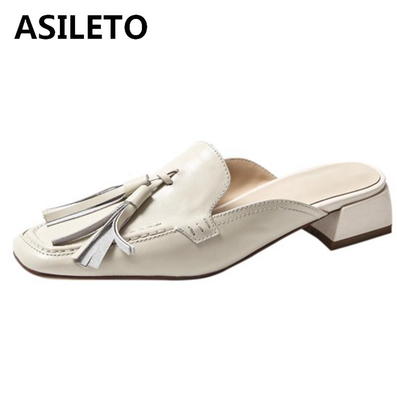 

Slippers ASILETO 2021 Comfort Plus Leisure Ladies Mules Tassel Square Toe Slingbacks 3cm Chunky Heel US10 11 Black Beige A4325