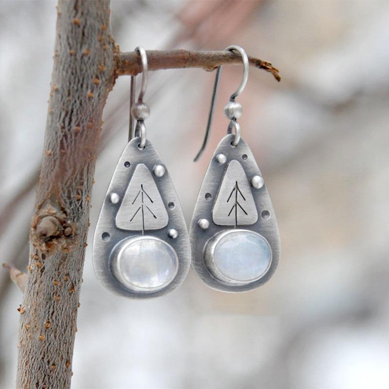

Dangle & Chandelier Retro Leaf Moonstone Pendant Earring Bohemian Ethnic Style Hook Earrings Jewelry Bijoux Female Gifts For Her, Silver