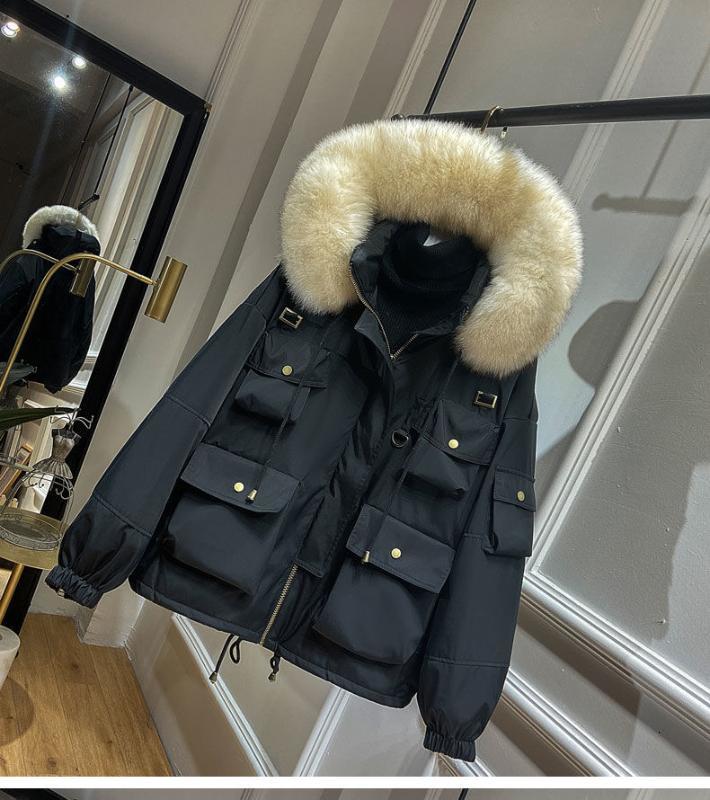

Women's Down & Parkas Large Natural Raccoon Fur Women Coat Winter Thick 90% White Duck Parka Female Hooded Short Jacket Loose Oute, Black