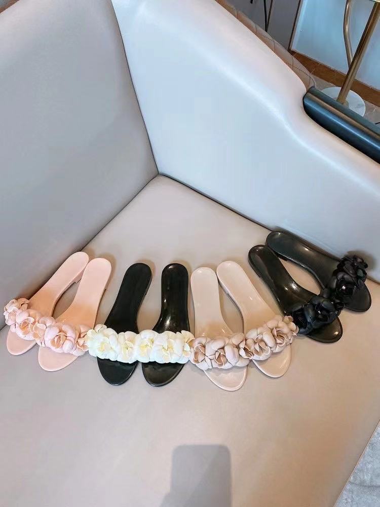 

2021Summer Design camellia flower Women jelly Slippers Summer Flip Flops Beach shoes Sandals Flats Ladies Slides, Black