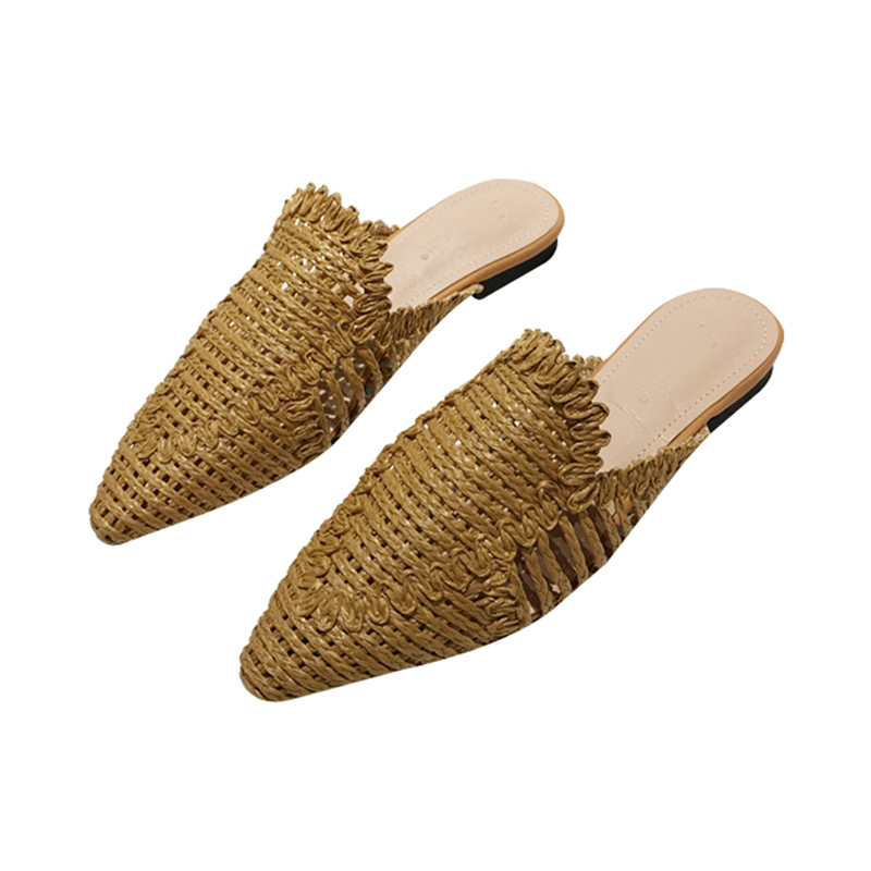 

Summer New Style Women Slippers Rattan Knit Casual Sandals Indoor Floor Shoes Home Mules Pointed Toe Flat Shoes Woman, White