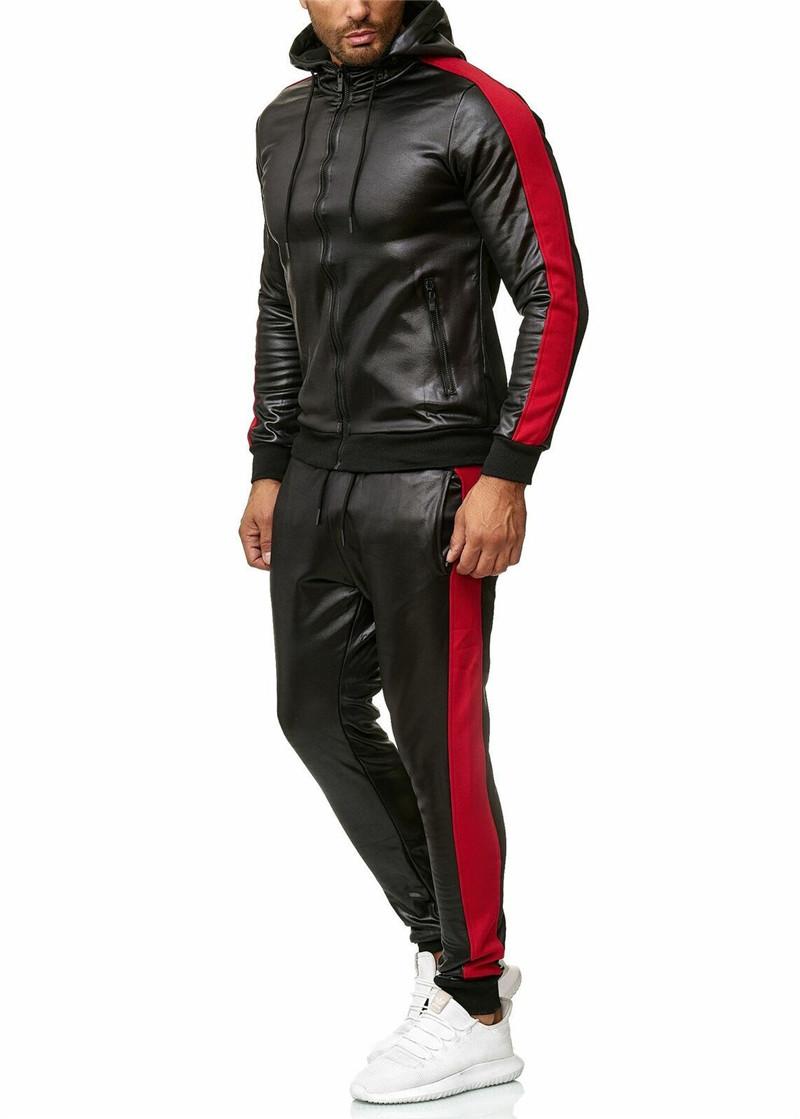 

Men's Tracksuits 2021 Autumn And Winter Men Patchwork Leather Clothing Hooded PU Sports Suit Street Trend