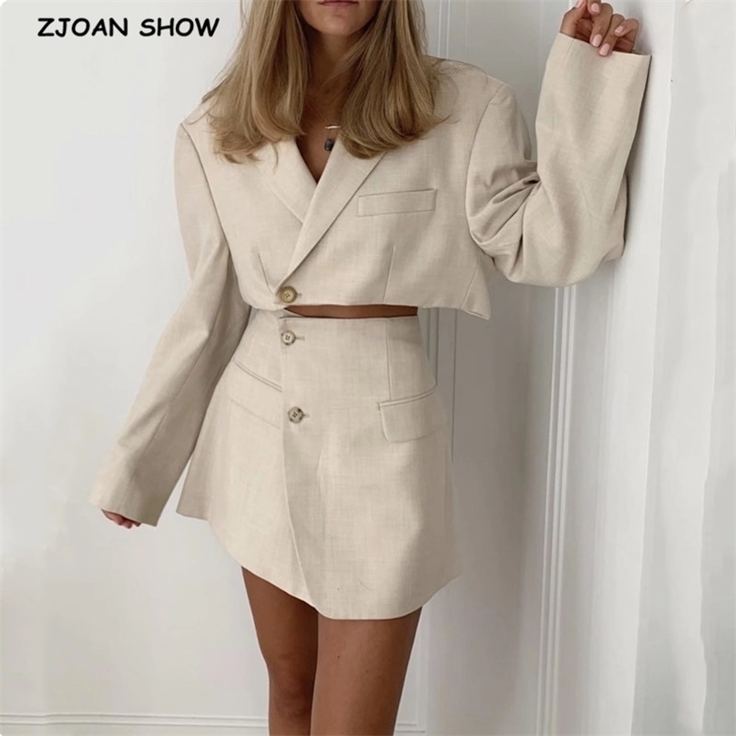 

Sexy One Button Short Women Blazer Cropped High Waist Irregular Cross Slit Mini Skirt Long Sleeve Suits 2 Pieces Set Vintage 211106, Black