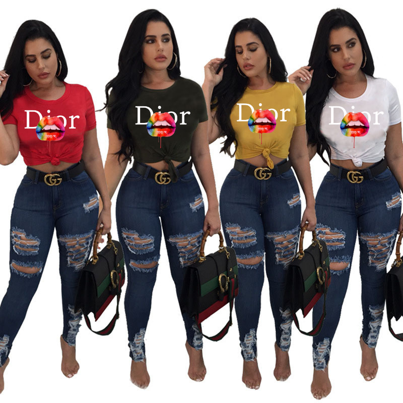 

Summer Women's Brand Print T-shirt Ladies Letter Top Short Sleeve Fashion O-neck TShirt T-Shirts Women T Shirt, Sky blue