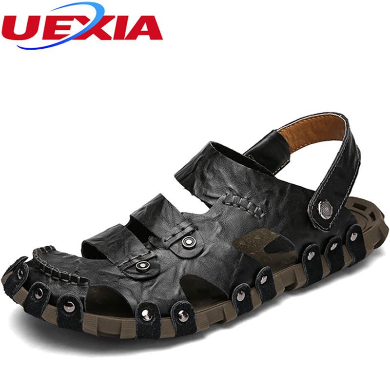 

Sandals Toe Protect Leather Outdoor Casual Beach Men Handmade Zapatos Summer Shoes Sewing Classics Sandalias Slippers, Black