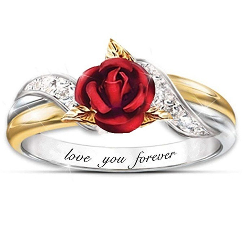 

Red Rose Garden Flower Leaves Resizable Gold Finger Rings Valentine's Day Gift Jewelry for women