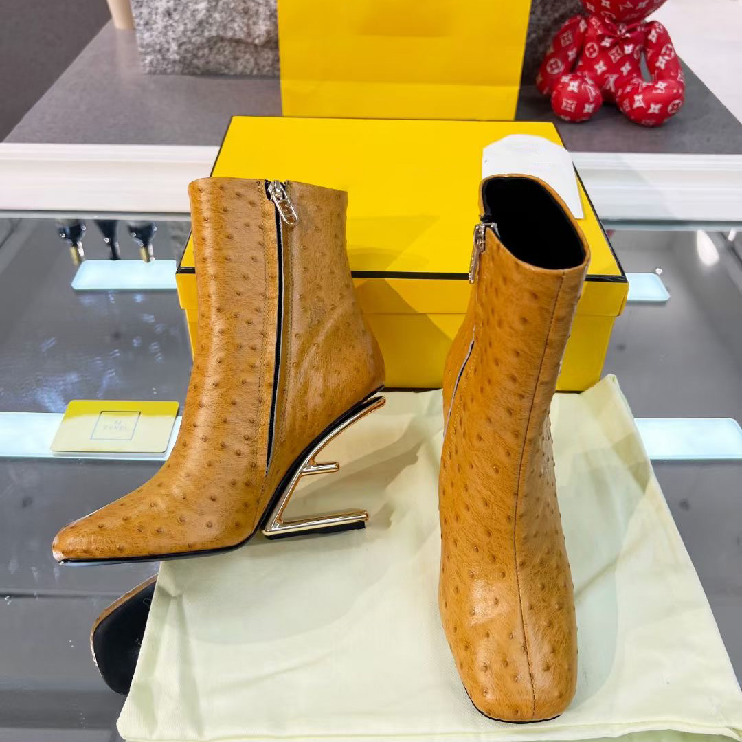 

Camel Sculpted high-heeled Ankle boots Metallic high heels square toes side zip Ostrich leather outsole Booties for women luxury designer shoes factory footwear, Black