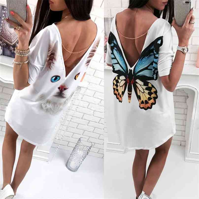 

Casual Cat Butterfly Printed O Neck V backless Short Sleeve Loose White Mini Dress Women Fashion Dresses Summer 210607, Hudie