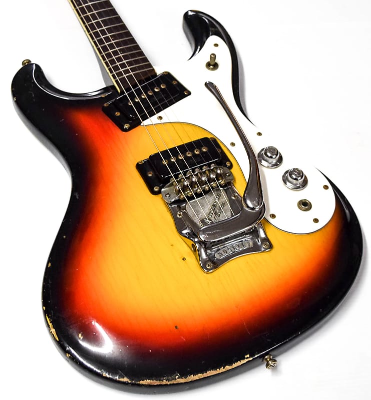 

Heavy Relic Mosrite Ventures 3 Tone Sunburst Electric Guitar Bigs Tremolo Bridge, Black P90 Pickups, Little Dot Inlay, Chrome Hardware, Vintage Tuners