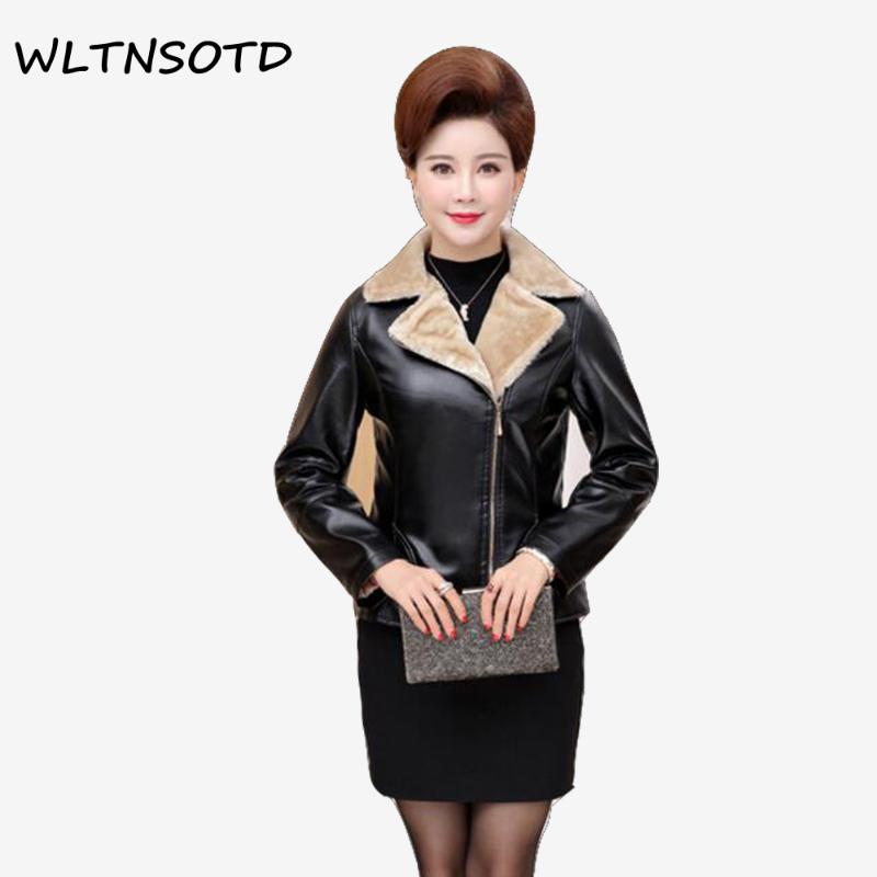 

Women's Leather & Faux 2021 Spring Autumn Short Slim Jacket Female Lapel Velvet Zipper Coats Mom Fashion Warm PU Overcoat, Black