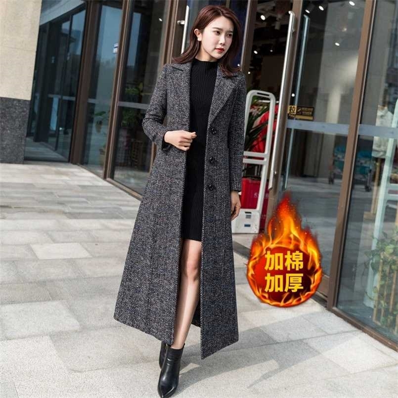 Fall / winter Korean Plaid woolen coat for women with cotton thickened suit collar over the knee long slim women's long 211104
