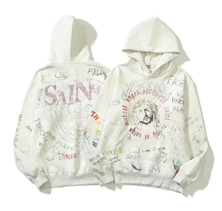 

Casual Hip Hop Fleece Hooded Sweatshirts Women Men Graffiti Angel Devil Print Hoodies Harajuku Streetwear Pullover Tops, White