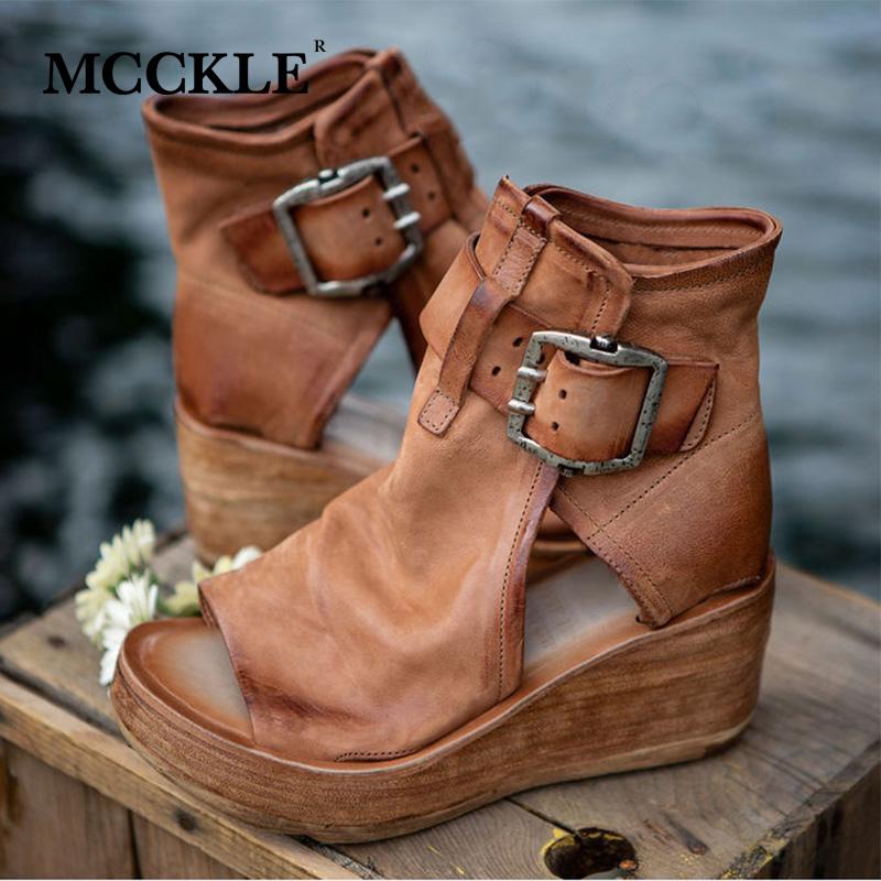 

Sandals MCCKLE Women's Wedges Solid Color Peep Toe Platform Shoes Ladies Retro Buckle Strap Hollow Out Women Female, Black