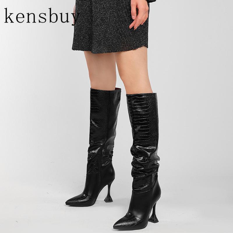 

Boots 2021 Black Lazy Pleated Long Sexy Fashion Pointed Toe Kitten Heels Knee High Summer Side Zipper Party