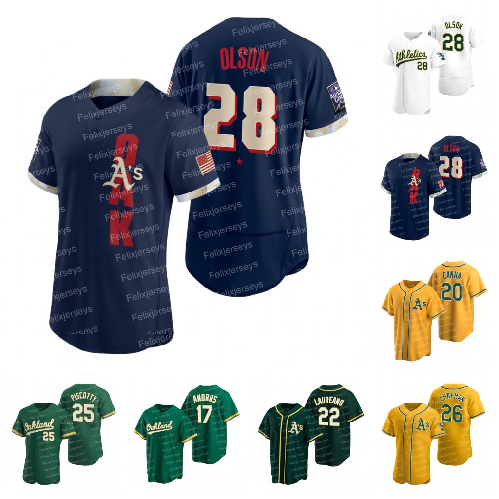 

Oakland 28 Matt Olson Athletics 2021 All-star Game Jersey 20 Mark Canha Ramon Laureano Piscotty Chapman Elvis Andrus Jed Lowrie Tony Kemp Sk, Blue;black