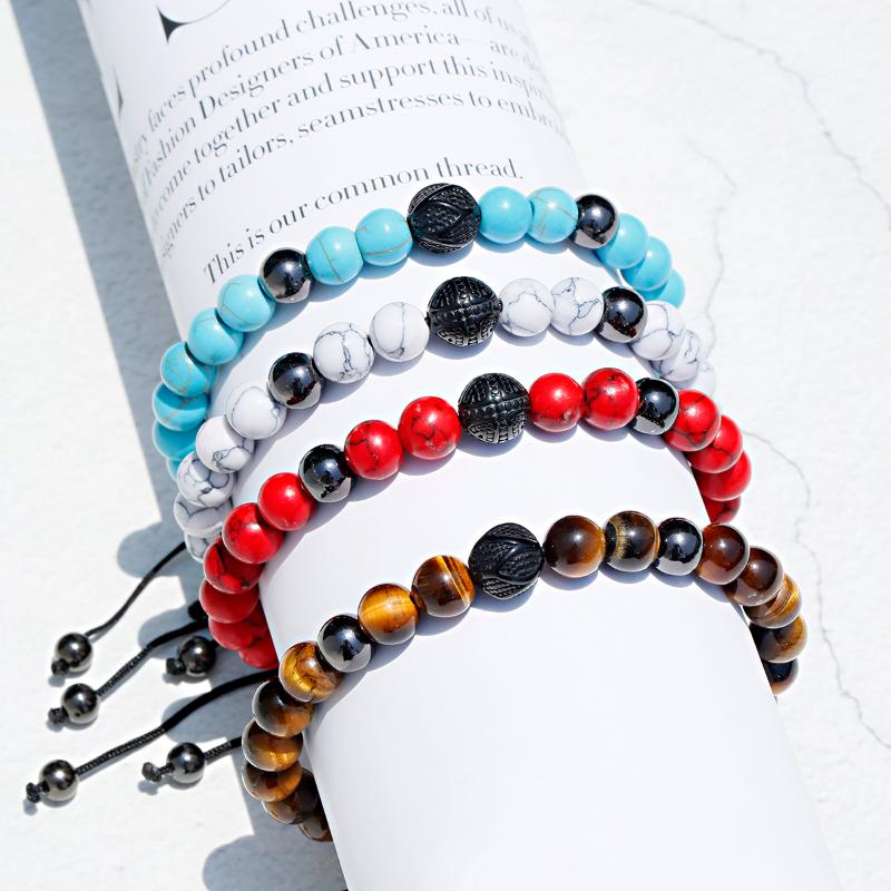 

Beaded, Strands Classic Stainless Steel Ball Men Bracelet Natural Tiger Eye Stone Bead Turquoises Woven Bracelets For Gift Pulsera Hombre