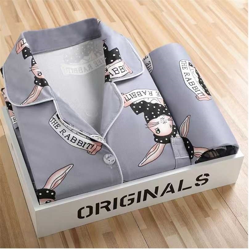 

style lapel pajamas women in the spring and autumn cardigan long-sleeved pants cartoon ms leisurewear suit Women's 211109, S orange cardigan gr
