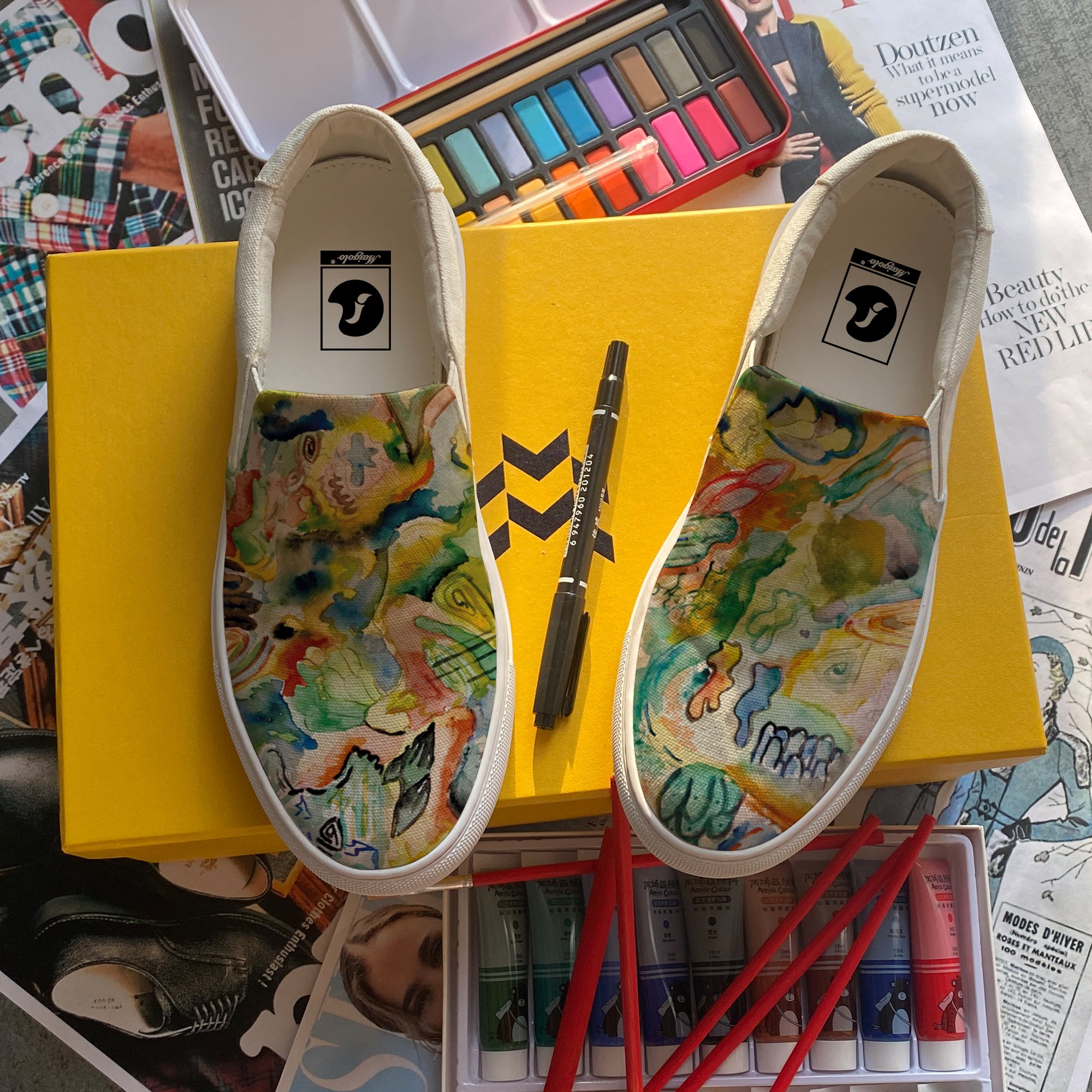 

Men casual Slip-On Canvas Sneaker Oil painting Custom Own Shoes handmade flat rubber sole yellow all-match fashion shoes YH00176, Green
