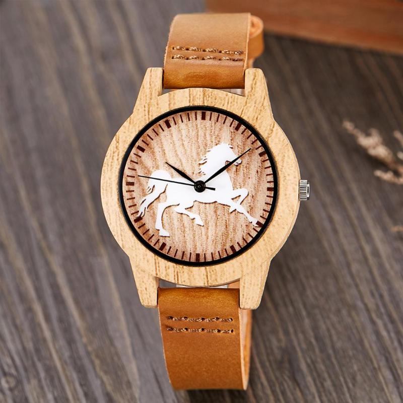 

Wristwatches Creative Wood Watch Men Women Couple Quartz Imitation Bamboo Wooden Male Animal Horse Watches Leather Wrist Clock Reloj, W1 for women