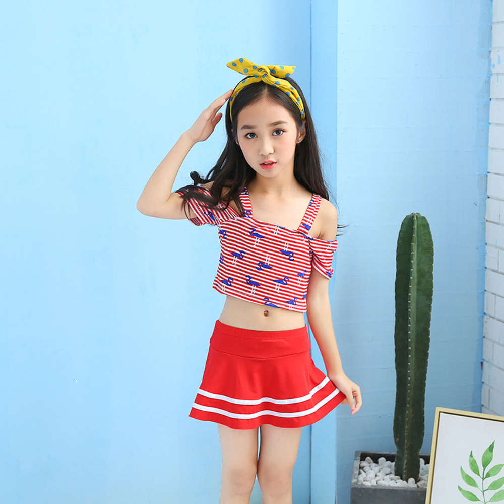 

Love of dripping water children's split striped swimsuit girl's shoulder exposed navel middle school, Blue