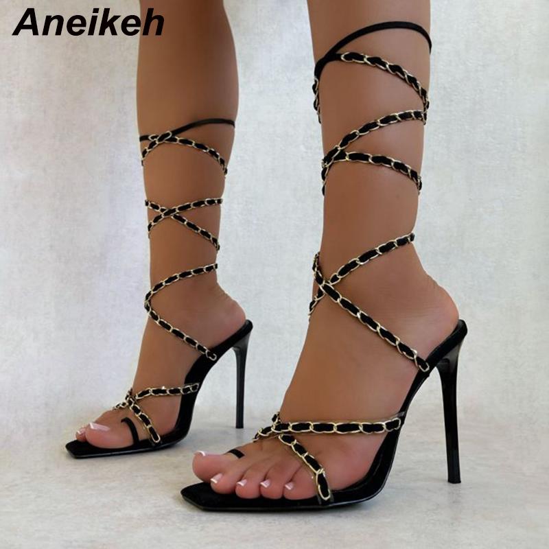 

Dress Shoes Aneikeh 2021 Summer Women's Fashion Square Toe Metal Chain Decoration Cross-Tied Mid-Calf Sexy Thin High Heel Sandals, Black