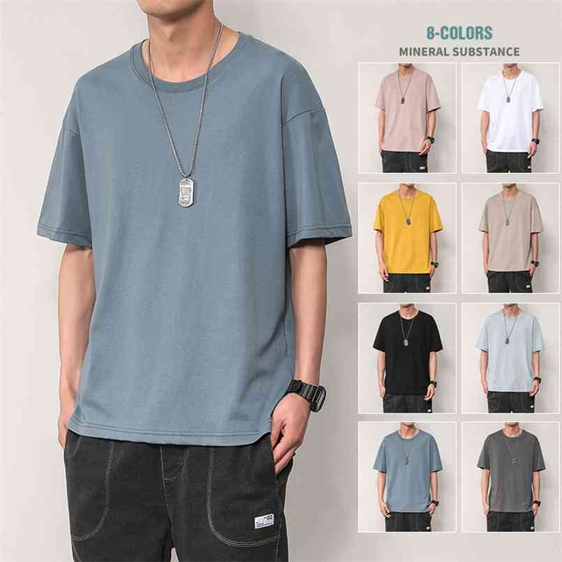 

Legible Summer O-Neck T-Shirts Men Solid Streetwear s Loose Casual Short Sleeve Tops Tees Male T Shirts 210721, Cai lan