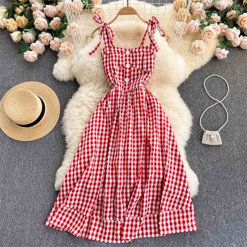 

Women Plaid Dress Summer Slim Square Collar Bandage Midi-length Retro Dresses Ladies Casual A Line Long Robe Vestidos Mujer 210525, Green