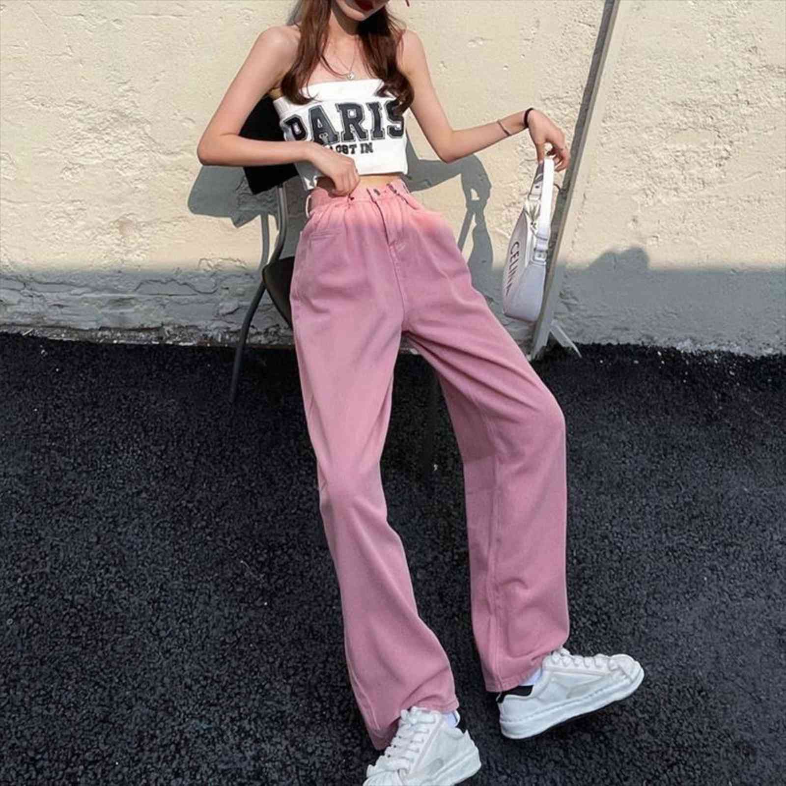 

vintage summer loose straight leg women jeans trousers high waisted y2k baggy wide streetwear pants sold fashion slim, Blue