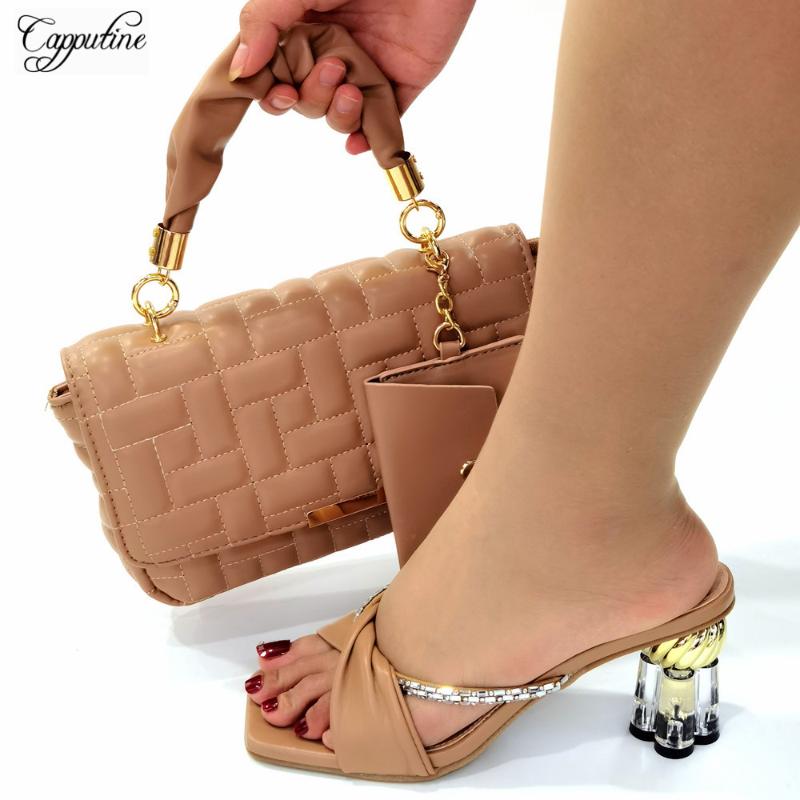 

Dress Shoes Women Khaki Matching With Bags And Wallet Set Summer Slippers Ladies Sandals Pumps Handbag Purse High Heels CR8039 7CM, Black