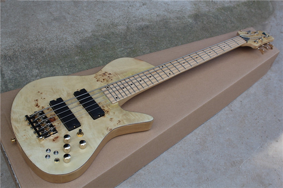

Fode 5 Strings Natural Ash Burl Spalted Maple Top Electric Bass Guitar Neck Through Body, Abalone Butterfly, Gold Hardware