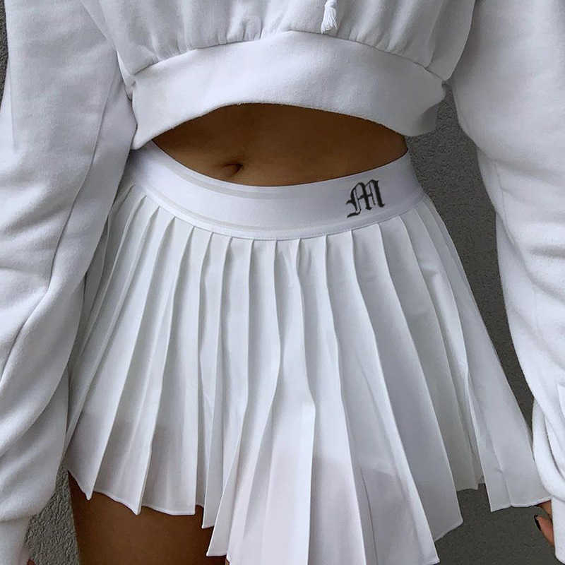 

White Pleated Skirt Short Woman Elastic Waist Mini Skirts Sexy Mircro Summer Embroidery Mini Tennis Skirt Preppy 210724