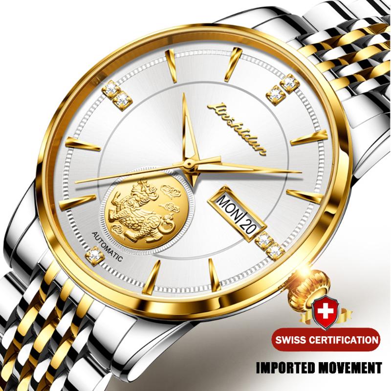 

Wristwatches JSDUN Luxury Automatic Mens Watch Vintage Mechanical Top 18K Gold Diamond Waterproof Business WristWatch, Two tone white
