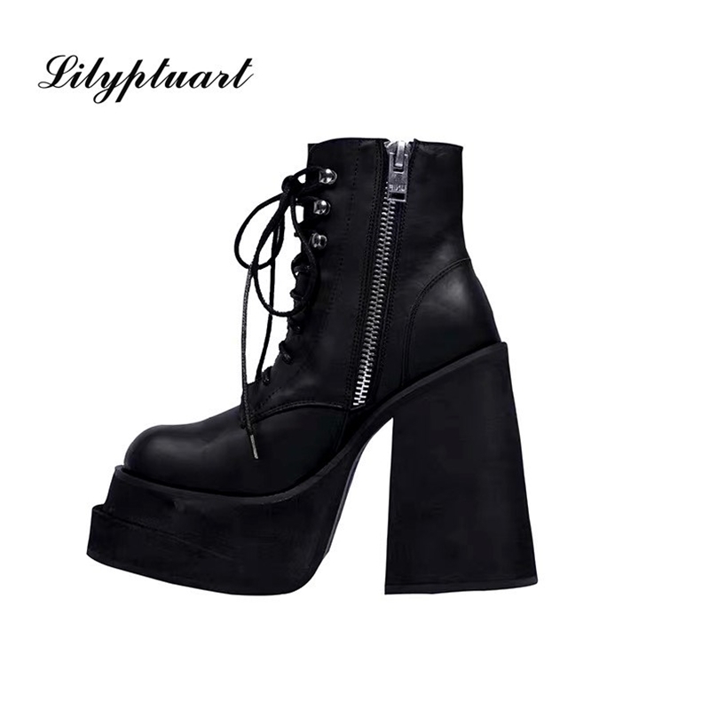 

European and American Fashion Round Toe Zipper Women's Shoes Super High Thick Heel Leather Ankle Boots Platform Heels 211105, Black1 plus velvet