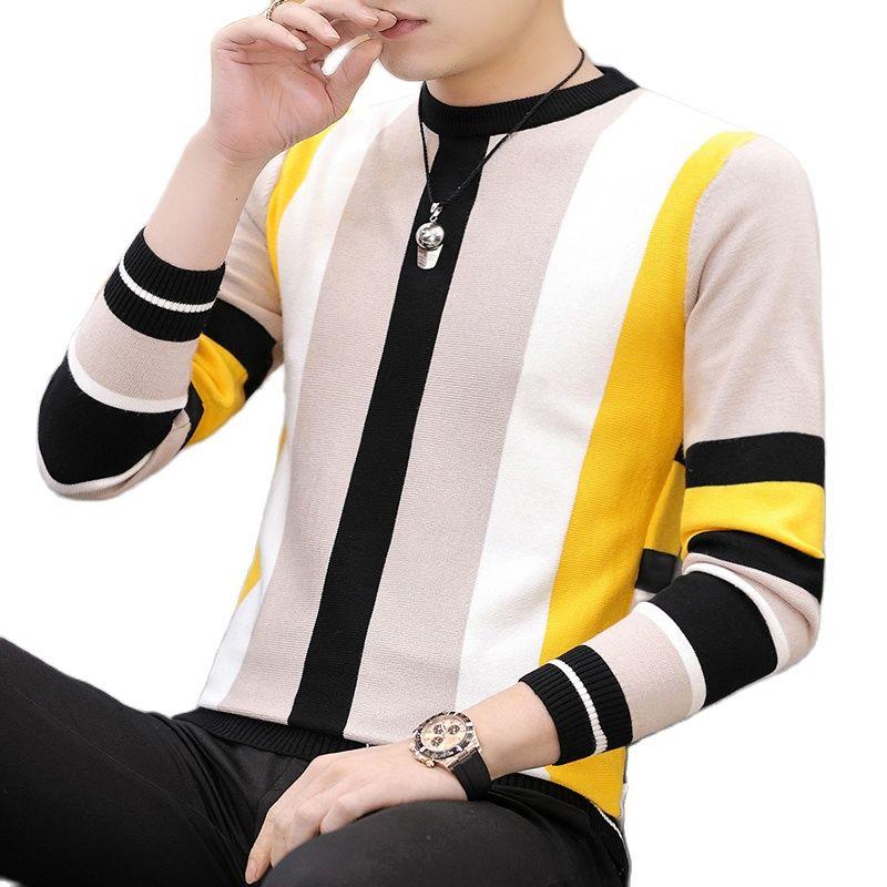

Men's Sweaters 2021 Spring Fashion Style Trend Individual Knit Sweater Round Collar , Youth Leisure Bottom Shirt -3XL, Yellow