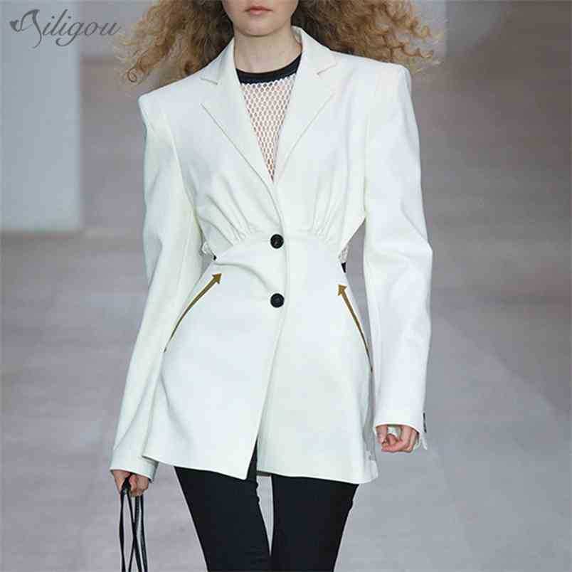 

Summer Fashion Ladies Sexy Hollow Suit Jacket Female V-Neck Long-Sleeved High-Waist Back Split Elegant Coat 210525, Beige