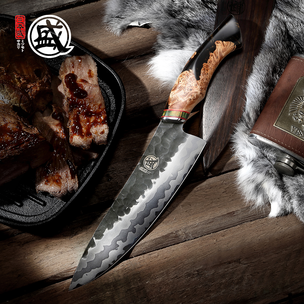 

MITSUMOTO SAKARI 8-inch Chef Knife with Bur Wood Hande Japanese Handmade Composite Stee Kitchen Knife with Gift Box