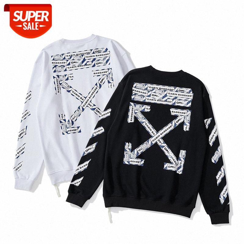 

ssOW tide brand off autumn white airport tape cordon arrow printing round neck thin sweater men and women #4X6d, Black