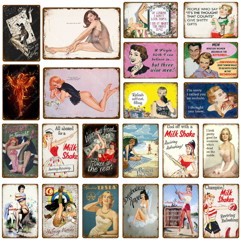 

Pin Up Girl Milk Shake Vintage Metal Signs Sexy Lady Plaque Vintage Poster Wall Decor Bar Pub Club Man Cave Retro Plate
