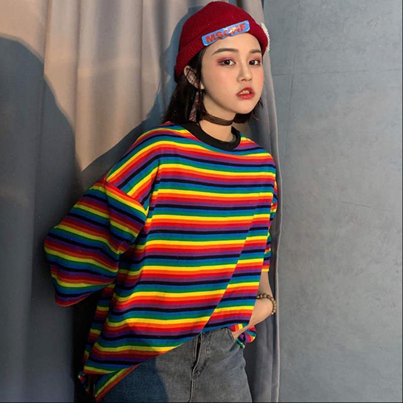 

summer women t shirts rainbow striped tee o neck harajuku loose shirt woman clothes short, White