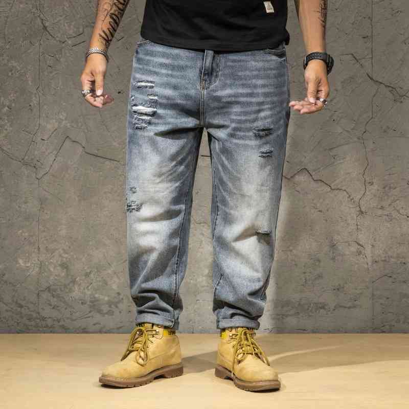 Spring and autumn new fashion brand large men&#039;s jeans loose stretch holed denim pants fattening oversize-image-703967189