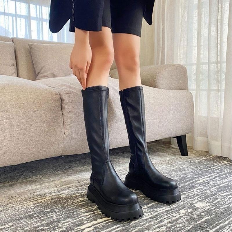 

Dress Shoes Women's Long Boots Spring And Autumn Elastic Net Red Small Tall Gothic Thick Soled Thin, Black short tube