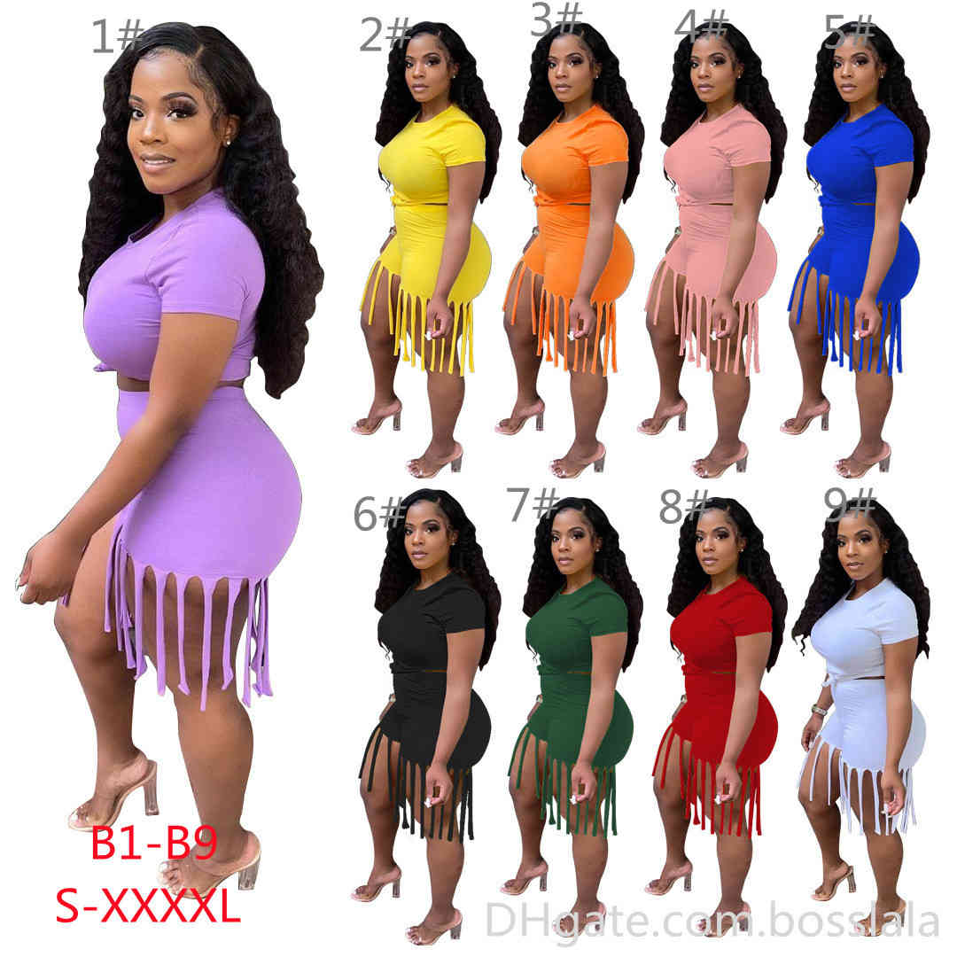

Summer Women Tracksuits Short Sleeve T-shirt + Tassel Pants Casual Solid Color 2 Piece Sets Lovely Sports Fitness Running Plus Size Clothing H129, Yellow